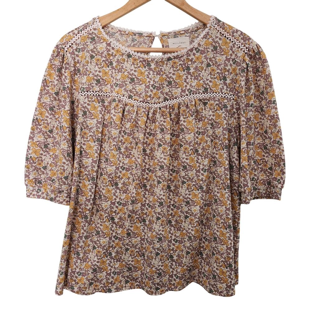 Melloday Floral Print with Lace Trim Blouse Size Large